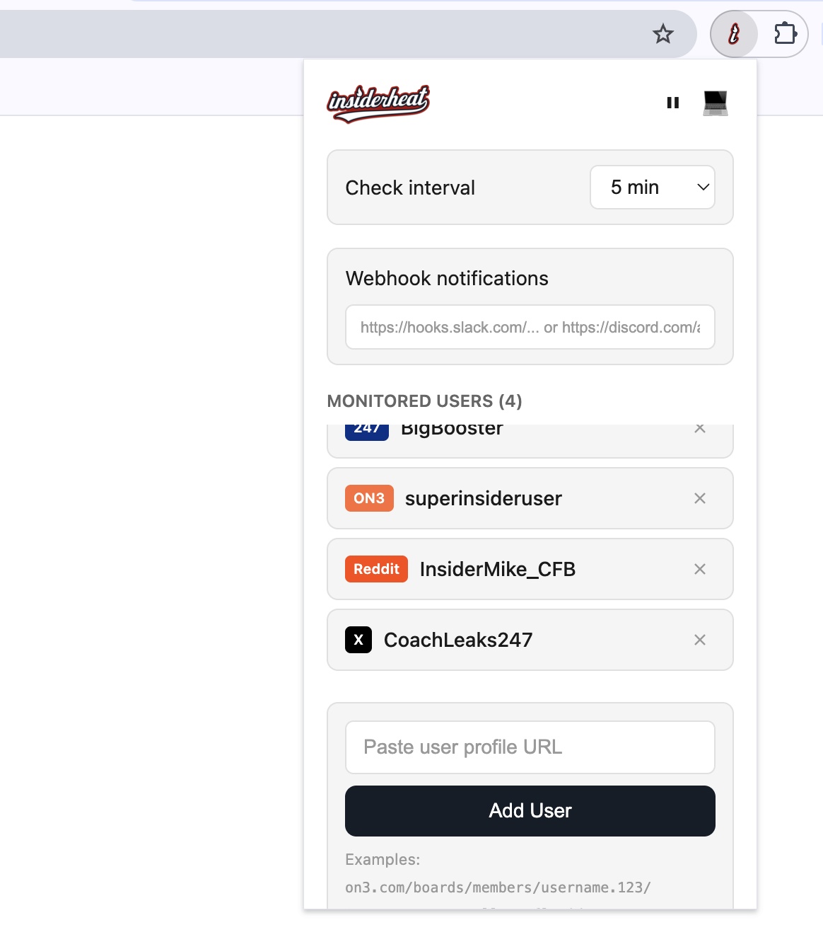 InsiderHeat extension showing monitored insiders from ON3, 247Sports, Reddit, and X